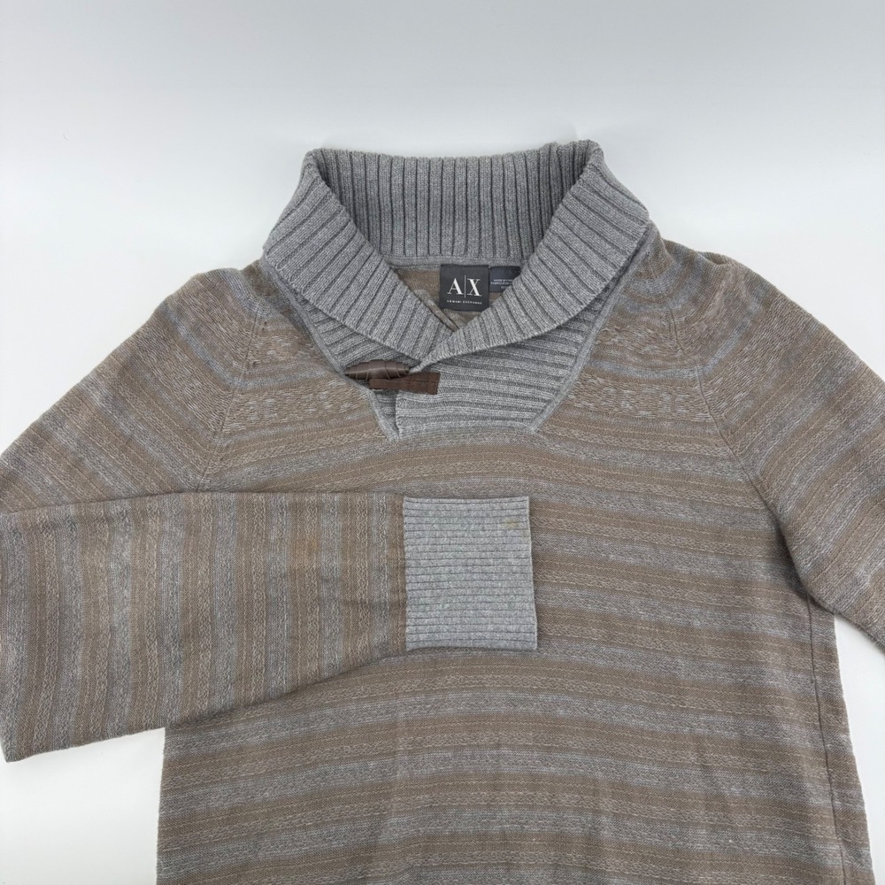 Armani Exchange Mens Brown Grey Striped Toggle Shawl Collar Sweater Medium